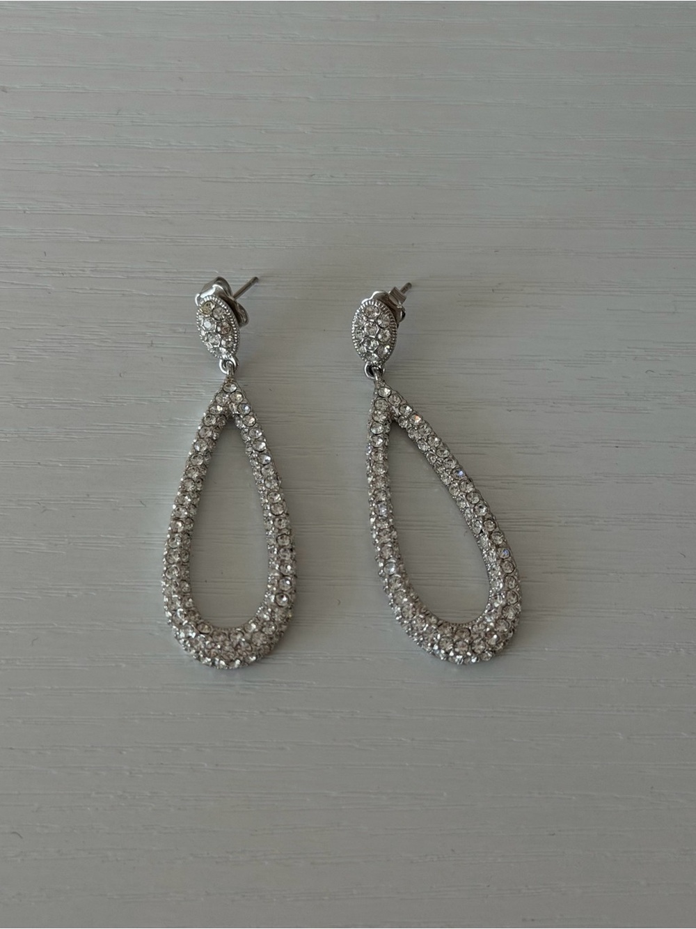 Silver Tone Crystal Rhinestone Pave Teardrop Open Hoop Dangle Earrings
